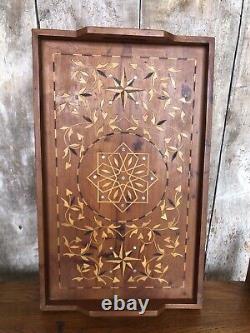 Ancien Plateau De Service ART NOUVEAU Marqueterie Bois & Nacre Vintage #A840