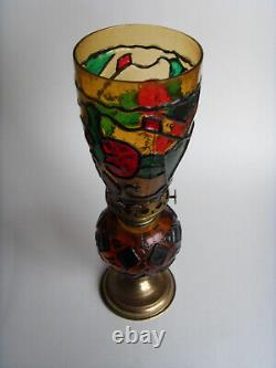 Ancienne lampe à huile mosaïque verre VINTAGE Art nouveau Tiffany Jugendstil