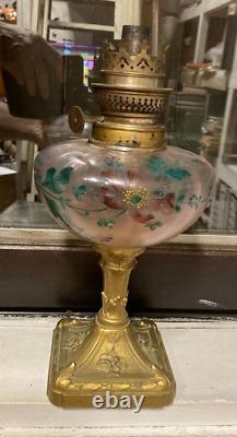 Antique Lampe à Pétrole Vintage vide peint rinceaux coquille art nouveau fleurs