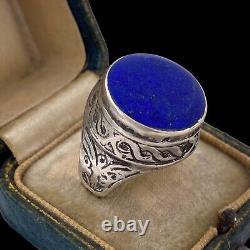 Antique Vintage Art Nouveau Argent Sterling Afghan Lapis Lazuli Bague S 6.5 9.6g