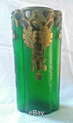 Art Nouveau Legras Mont Joye acide gravé camée vert émeraude vase doré vintage
