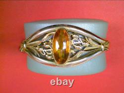 Bracelet feuille vintage style art nouveau ton or avec pierre précieuse orange