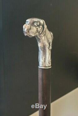 Canne de Marche Argent Art Nouveau. Decor pommeau chien Vintage Sterling Silver