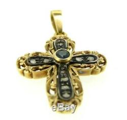 Crucifix En Style Ancien Vintage Or Massif 18K Croix Diamants Et Saphirs