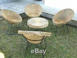Ensemble en rotin 4 fauteuils et une table vintage design 1970