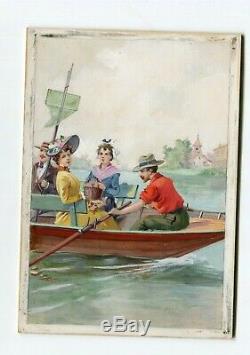 Gouache Vintage Drawing Dessin Ancien Figures on a Boat, Barque