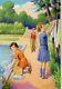 Gouache Vintage Drawing Dessin Ancien Kids Washing Clothes, Laundry