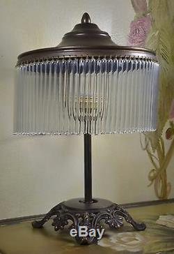 Lampe De Chevet Bureau Verre Pampilles Art Deco Vintage Laiton Vieilli