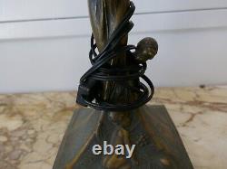Lampe à poser style art nouveau, bronze patine brune vintage 1960 H 48cm