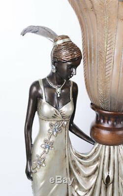 Lampe de Table Vintage Art Déco Figure Féminine Fächerschirm Antique