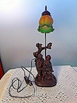 Lampe de bureau Art-Nouveau vintage-tulipe en verre coloré-couple d'amoureux