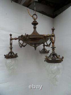 Lustre suspension lampe lamp bronze vintage art nouveau napoleon tulipe flamme
