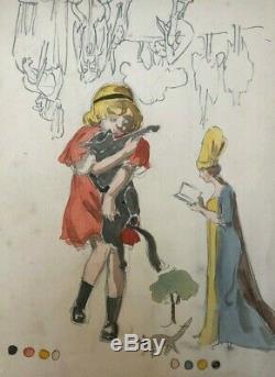 Modern Vintage Drawing Dessin Ancien Kid, Girl, Queen, Cat, illustration