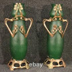 Paire de vases français de style Art Nouveau verre collection vintage métal 900