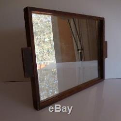 Plateau miroir verre bois fait main art déco design XXe vintage PN France N3045