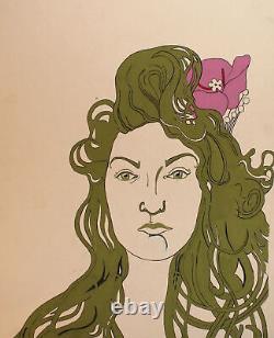 Portrait de femme peinture gouache Vintage Art Nouveau