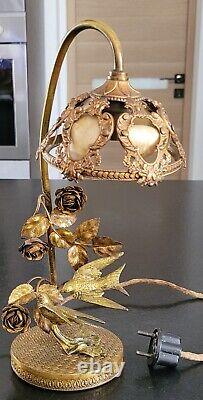 Rare Lampe Ancienne art nouveau en Bronze décors oiseaux, lampe bureau vintage