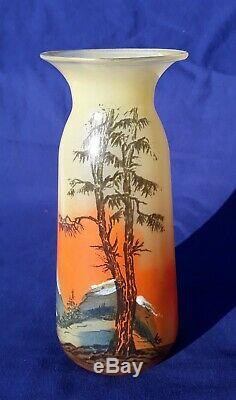 Rare Pair Legras Signed Landscape Glass Vases Art Nouveau Vintage Pate de Verre