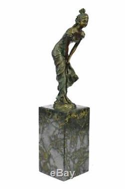 Rare Sculpture Vintage Victorien Maiden Jardin Fleurs Marbre Art Déco Bronze Nr