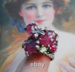 Rare bague ancienne Art Nouveau vintage argent rubis péridot