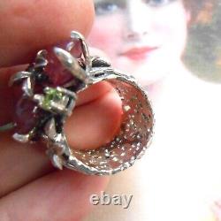 Rare bague ancienne Art Nouveau vintage argent rubis péridot