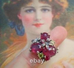 Rare bague ancienne Art Nouveau vintage argent rubis péridot