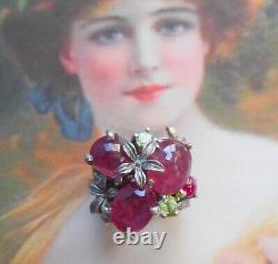 Rare bague ancienne Art Nouveau vintage argent rubis péridot