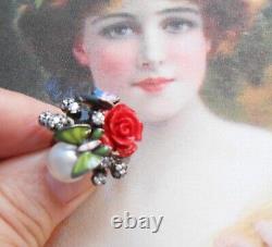 Splendide bague Art Nouveau vintage argent perle rose papillon brillants