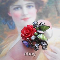 Splendide bague Art Nouveau vintage argent perle rose papillon brillants