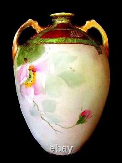 Vase Vintage 1900 Art Nouveau Roses Sauvages Nippon Marque Feuille D'érable, Japon