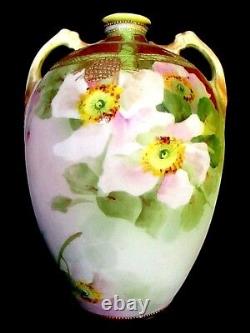 Vase Vintage 1900 Art Nouveau Roses Sauvages Nippon Marque Feuille D'érable, Japon