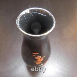 Vase céramique porcelaine noir fleur dorure or fin vintage art nouveau N7419