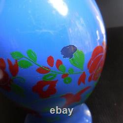 Vase verre peint à la main vintage Art Nouveau Déco fleur rose France N6257