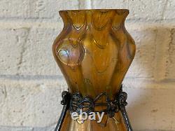 Vintage Ancien Loetz Type Art Vase en Verre W / Métal Nouveau Style Montage