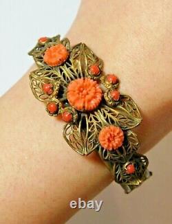 Vintage Art Nouveau Corail Celluloïd Perle Fleurs Filigrane Laiton Bracelet