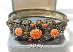 Vintage Art Nouveau Corail Celluloïd Perle Fleurs Filigrane Laiton Bracelet