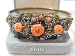 Vintage Art Nouveau Corail Celluloïd Perle Fleurs Filigrane Laiton Bracelet