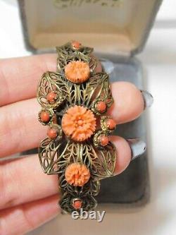 Vintage Art Nouveau Corail Celluloïd Perle Fleurs Filigrane Laiton Bracelet