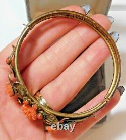 Vintage Art Nouveau Corail Celluloïd Perle Fleurs Filigrane Laiton Bracelet