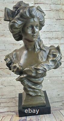 Vintage Art Nouveau Fille Bronze Buste Motif Floral Sur Signé Collector Édition