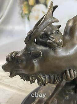 Vintage Art Nouveau P. J Mene Bronze Lion Et Renne Fonte Décor Maison Sculpture