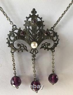 Vintage Art Nouveau Revival Violet Facettes Verre Perles Véritable Pearl Collier