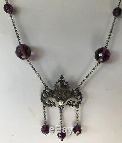 Vintage Art Nouveau Revival Violet à Facettes Verre Perles Véritable Collier
