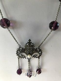 Vintage Art Nouveau Revival Violet à Facettes Verre Perles Véritable Collier