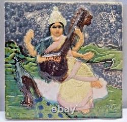 Vintage Carreau Raja Ravi Varma Saraswati Indien Mythology Majolique Art Nouveau