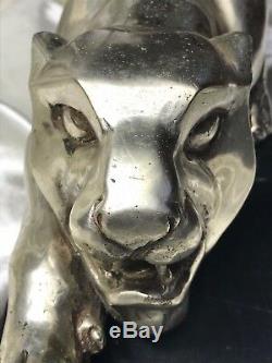 Vintage Incroyable Argentés Bronze Guépard Sauvage Animal Grand Chat Marbre Base