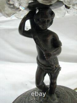Vintage Laiton Bronze Art Nouveau figurées Sculpture Lampe avec Prisme Cristaux