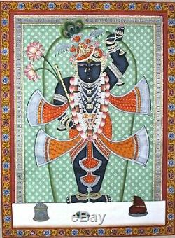 Vintage Lord Shreenathji Pichwai Fin Art Travail Tenture Murale Décoratif Main