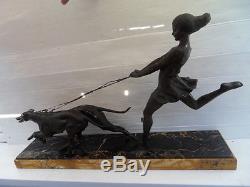 Vintage Statue art nouveau Fille aux levriers greyhounds and girl by Geo Maxim