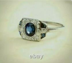 Vintage Style 3.11Ct Bleu Saphir Diamant Ancien Art Déco Bague Grappe 925 Ss